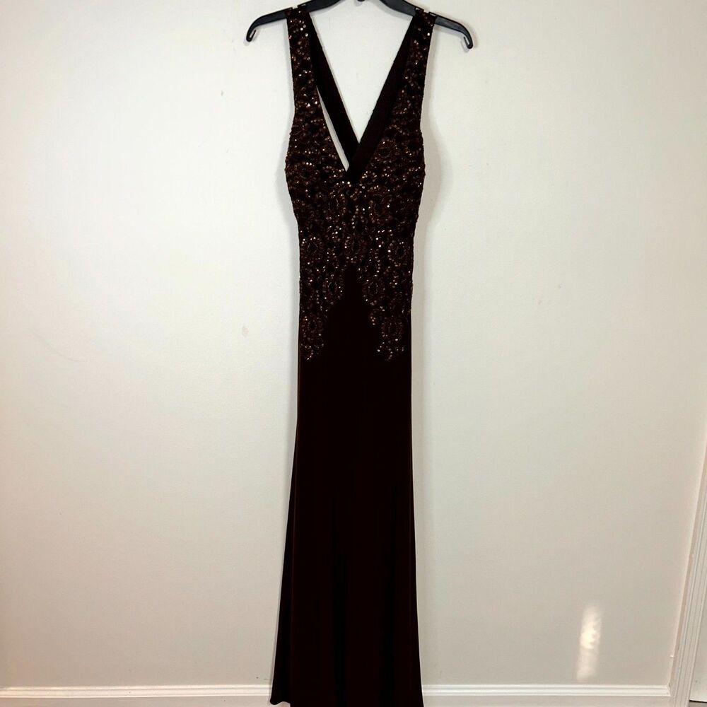 Xscape Maxi Dress Womens 10 Maroon Embellished Ruched Back Deep V-Neck Cocktail - Picture 6 of 11